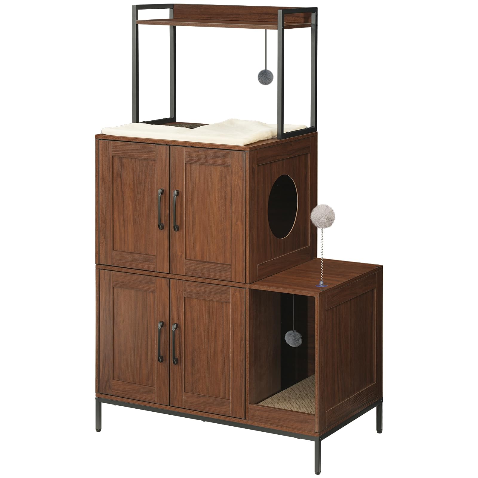 HOOBRO Cat Litter Box Enclosure Furniture, 2 in 1 Hidden Litter Box Furniture with Shelf, Double Litter Box Cabinet with 2 Dangling Plush Balls and 1 Toy Ball, Greige and Black BG78MW01