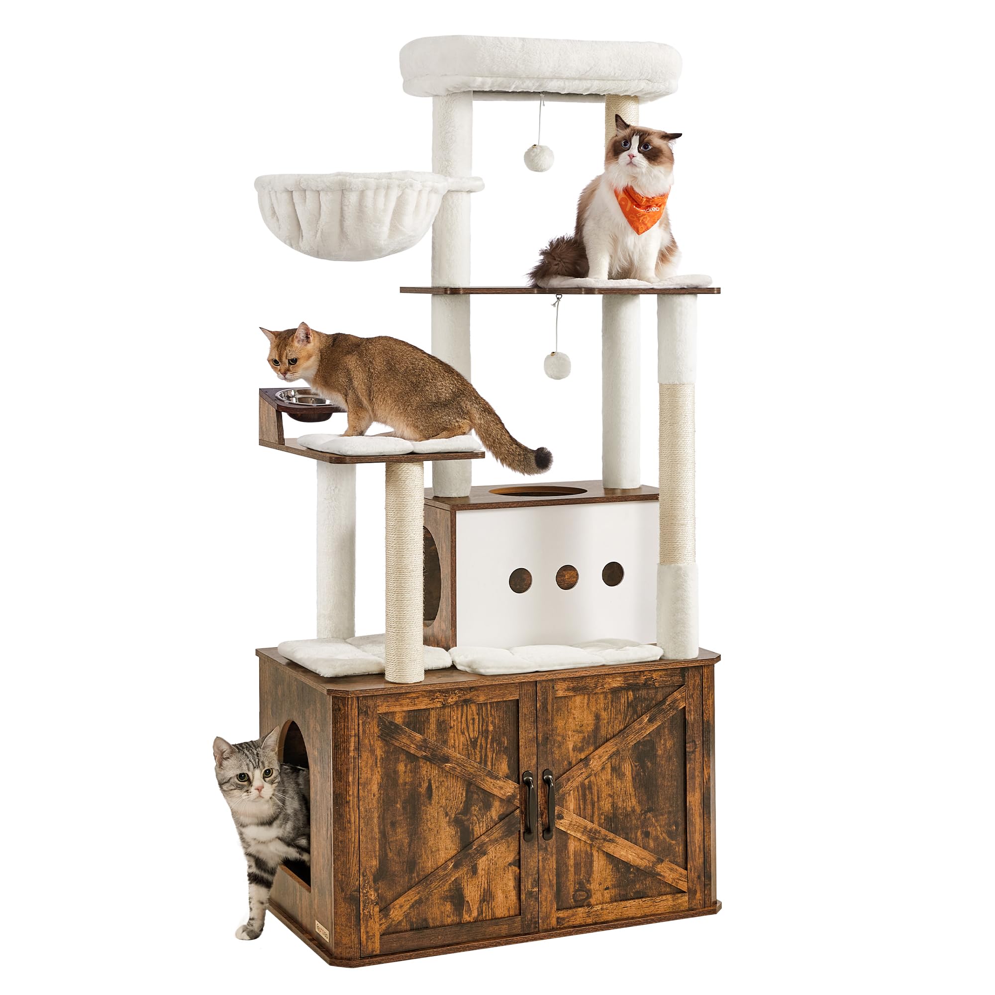 Feandrea Cat Tree, 66.9-Inch Cat Tower with Litter Box Enclosure, Large Condo with Food Station, Storage, Scratching Posts, Cave, Hammock, Washable Cushions, Heather Greige UPCT169K02