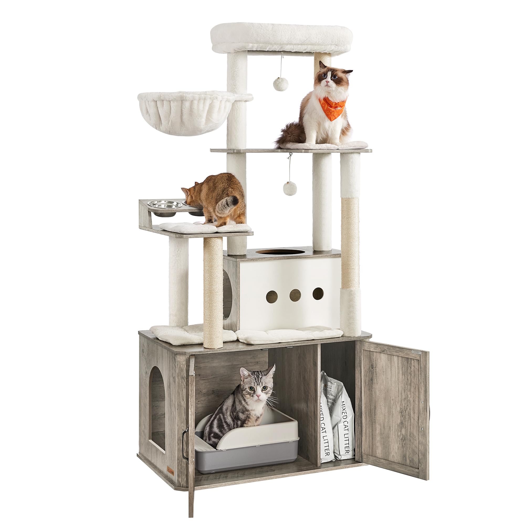 Feandrea Cat Tree, 66.9-Inch Cat Tower with Litter Box Enclosure, Large Condo with Food Station, Storage, Scratching Posts, Cave, Hammock, Washable Cushions, Heather Greige UPCT169K02