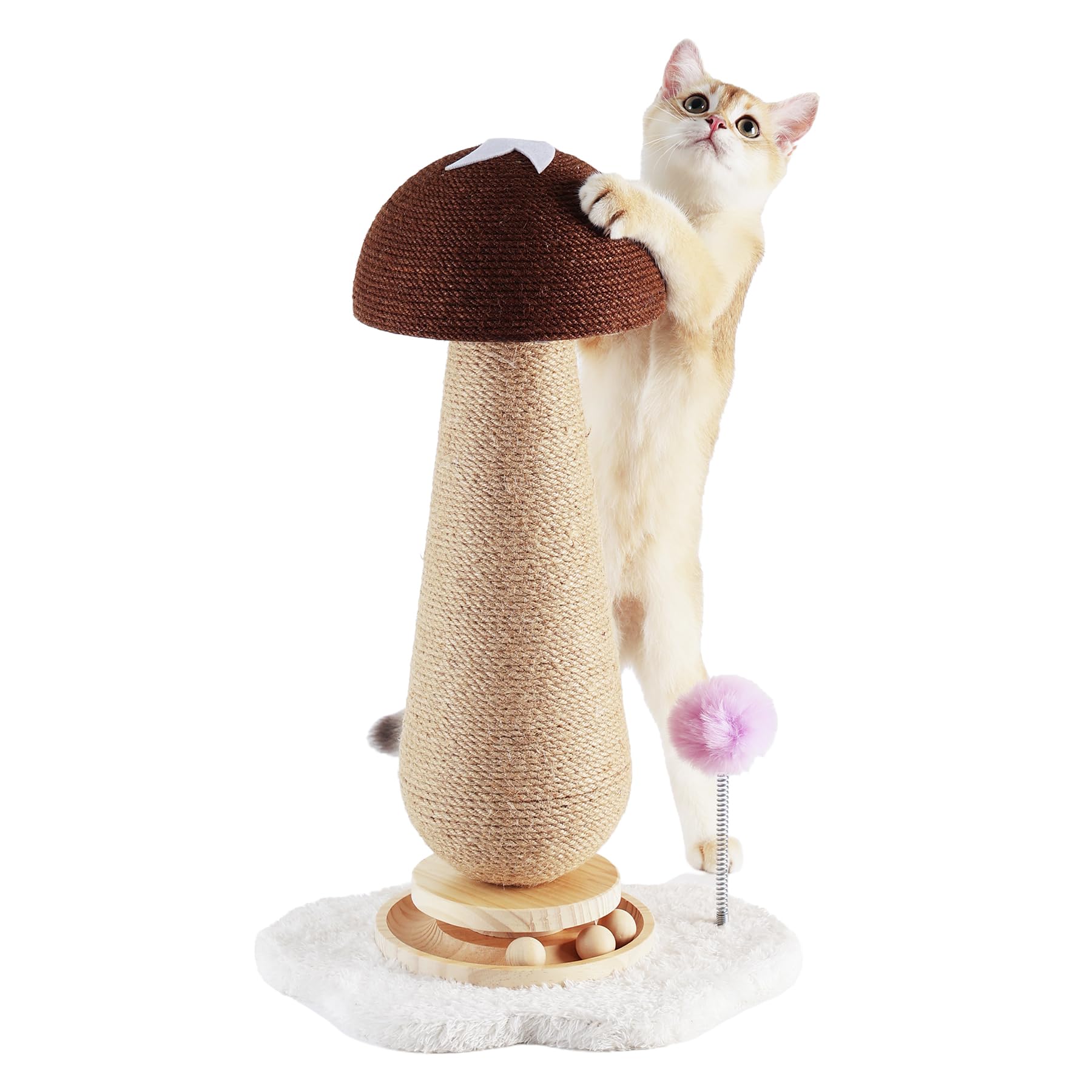 Mushroom Cat Scratching Post with Interactive Ball Track Spring Ball Cat Toys, 21.2" Cat Sisal Scratcher Tree for Indoor Cats, Red