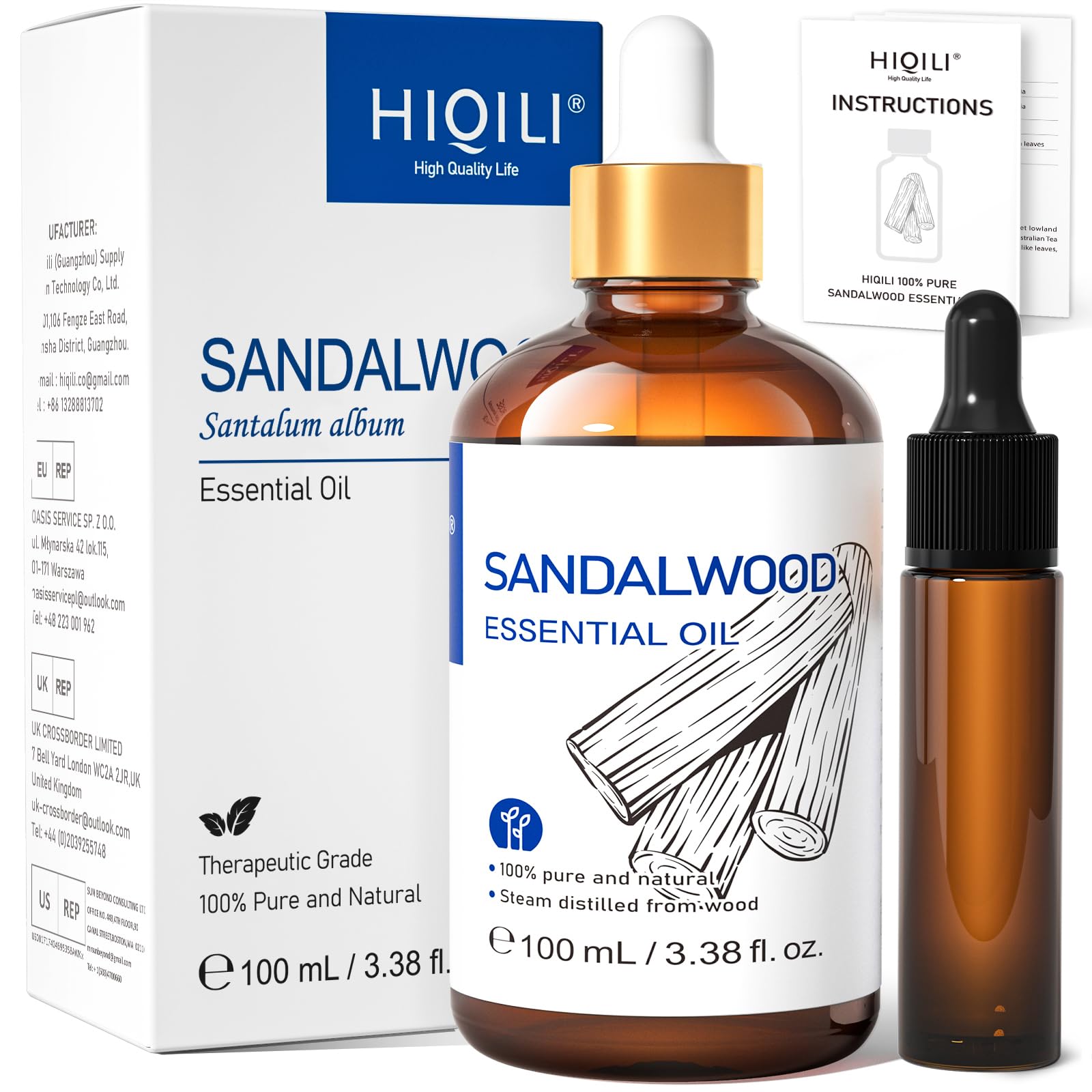 HIQILI Sandalwood Essential Oils 1 Fl Oz, 100% Pure Natural Therapeutic Grade for Skin, Diffuser, Perfume, Candle Soap Making, Includes Premium Quality Glass Dropper