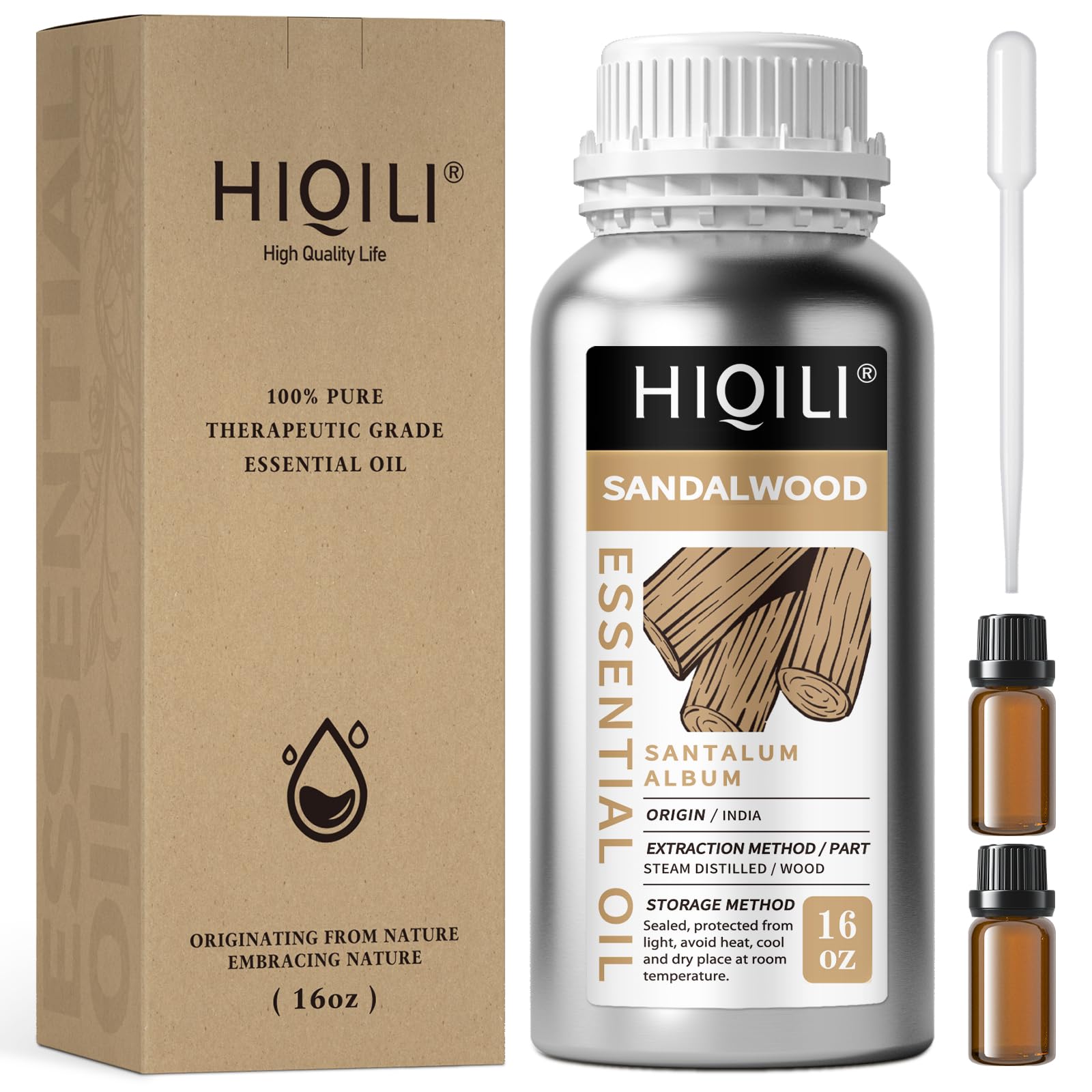 HIQILI Sandalwood Essential Oils 1 Fl Oz, 100% Pure Natural Therapeutic Grade for Skin, Diffuser, Perfume, Candle Soap Making, Includes Premium Quality Glass Dropper