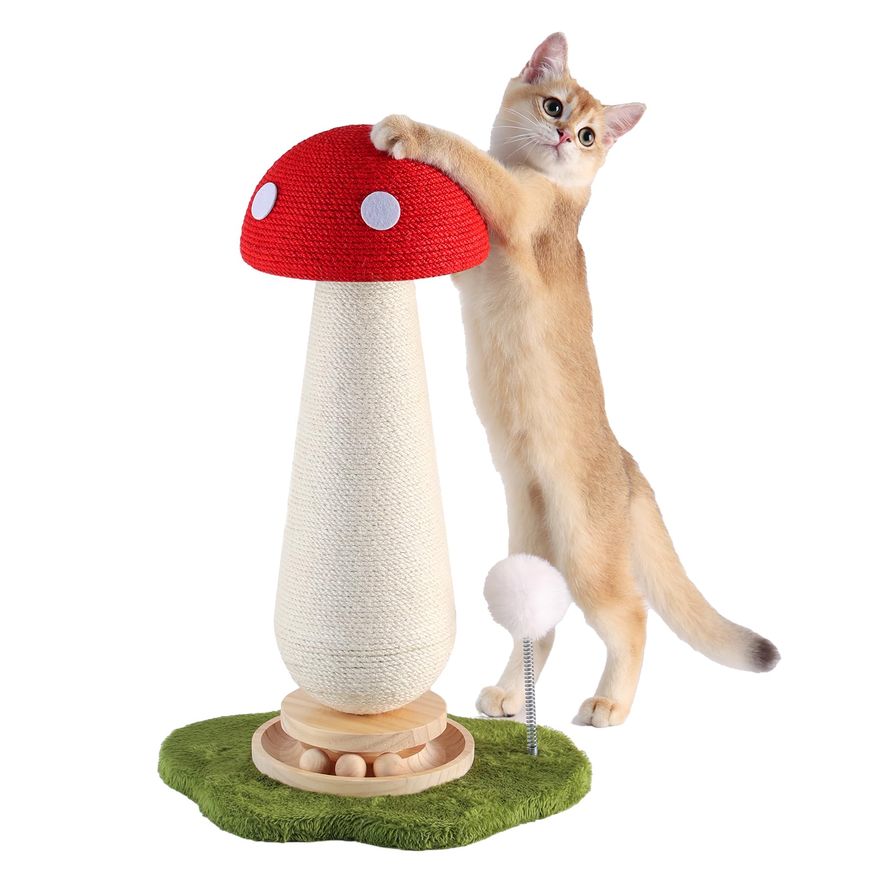 Mushroom Cat Scratching Post with Interactive Ball Track Spring Ball Cat Toys, 21.2" Cat Sisal Scratcher Tree for Indoor Cats, Red