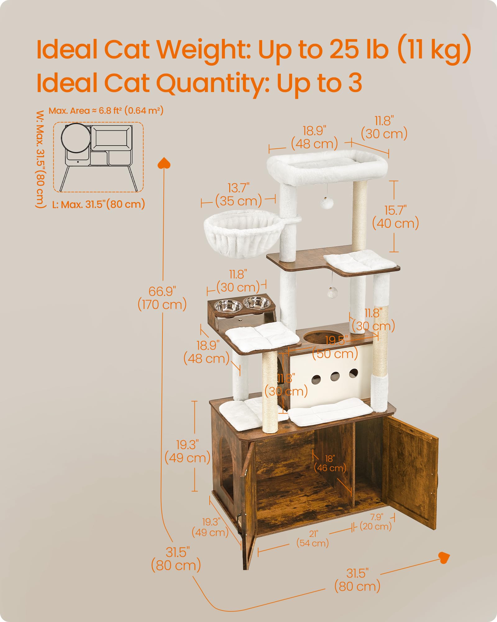 Feandrea Cat Tree, 66.9-Inch Cat Tower with Litter Box Enclosure, Large Condo with Food Station, Storage, Scratching Posts, Cave, Hammock, Washable Cushions, Heather Greige UPCT169K02