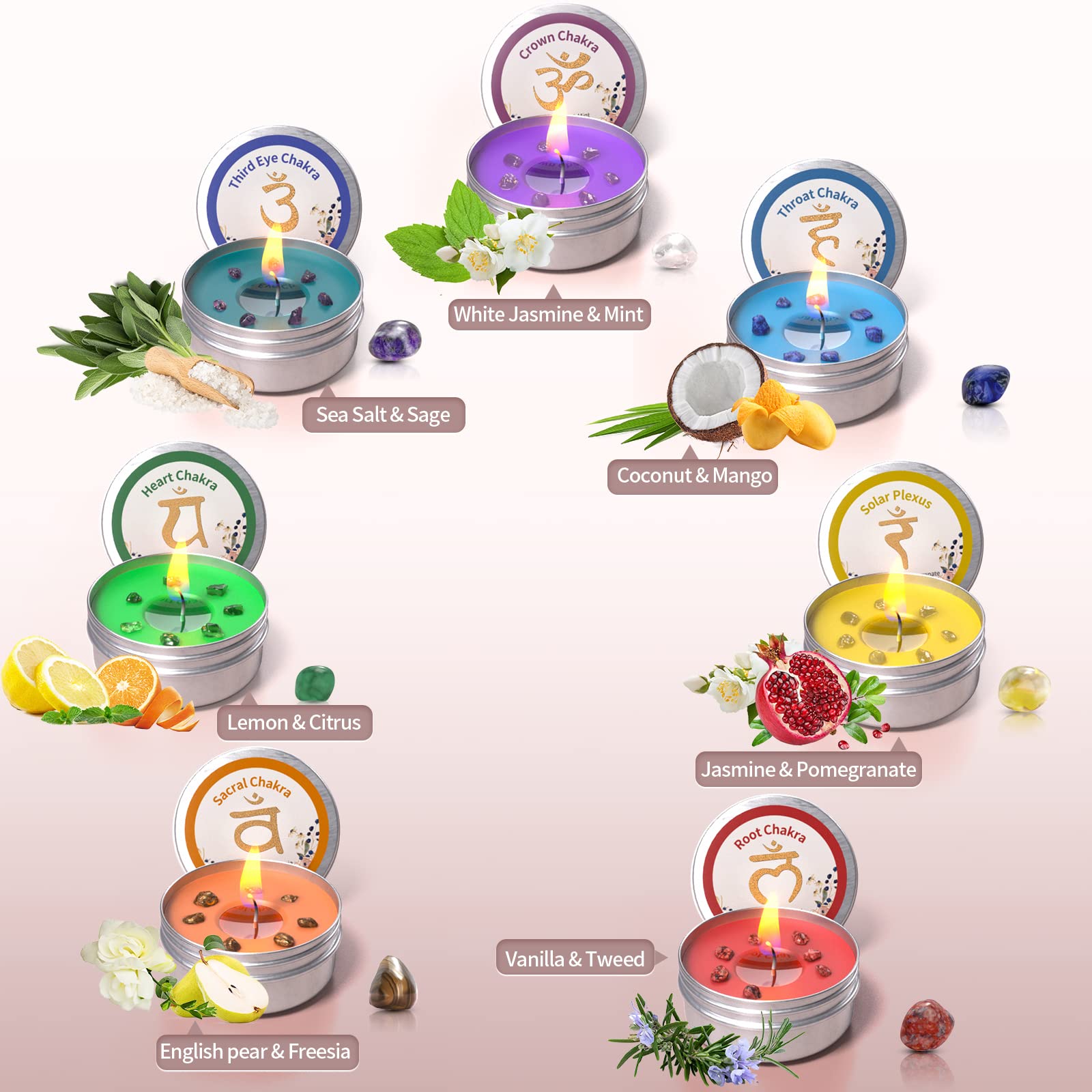 Chakra Candles with Premium Crystal and Healing Stones Luxury Meditation Scented Candles Gift Set for Women Stress Relief Spiritual Decor Healing Candles for Yoga, Aromatherapy