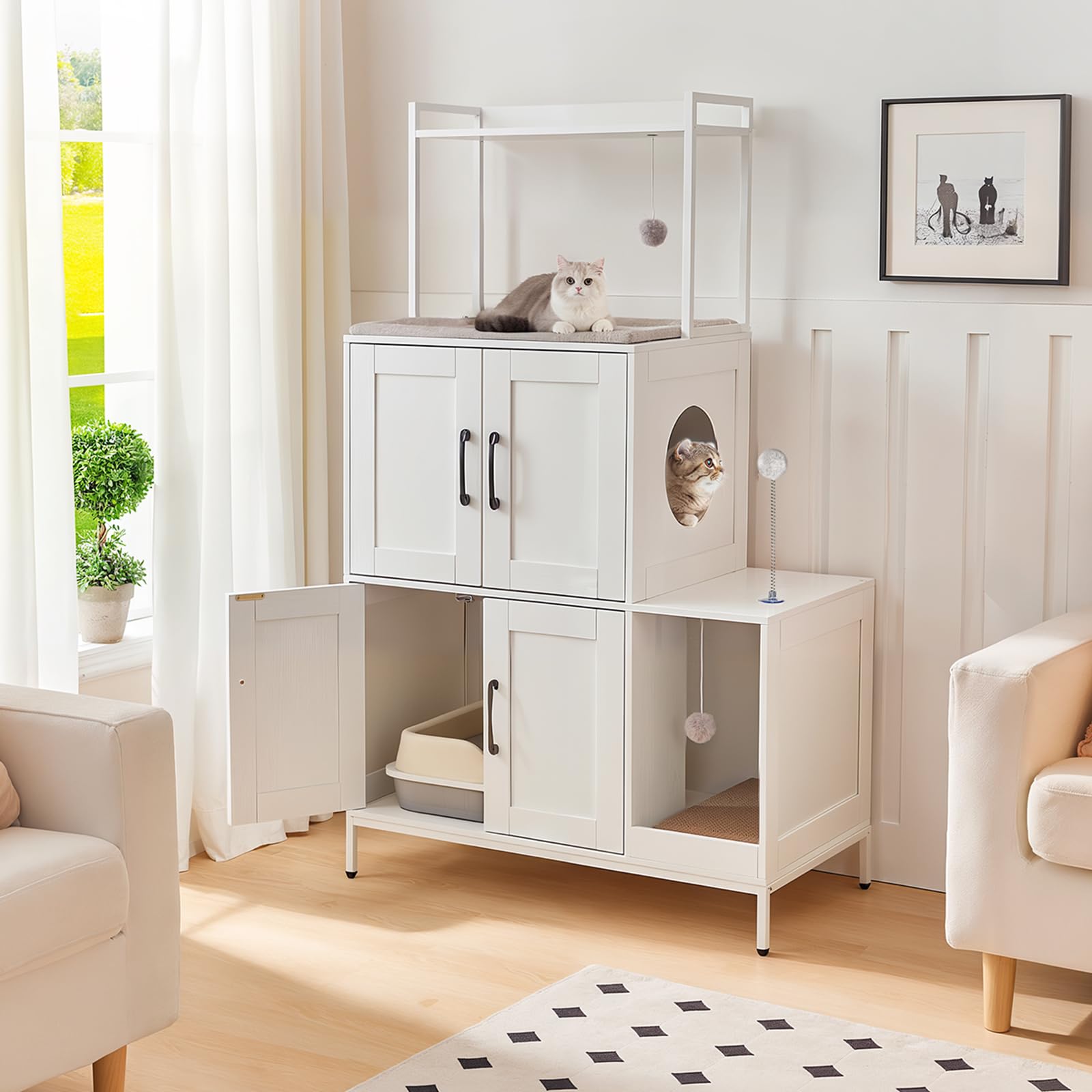 HOOBRO Cat Litter Box Enclosure Furniture, 2 in 1 Hidden Litter Box Furniture with Shelf, Double Litter Box Cabinet with 2 Dangling Plush Balls and 1 Toy Ball, Greige and Black BG78MW01