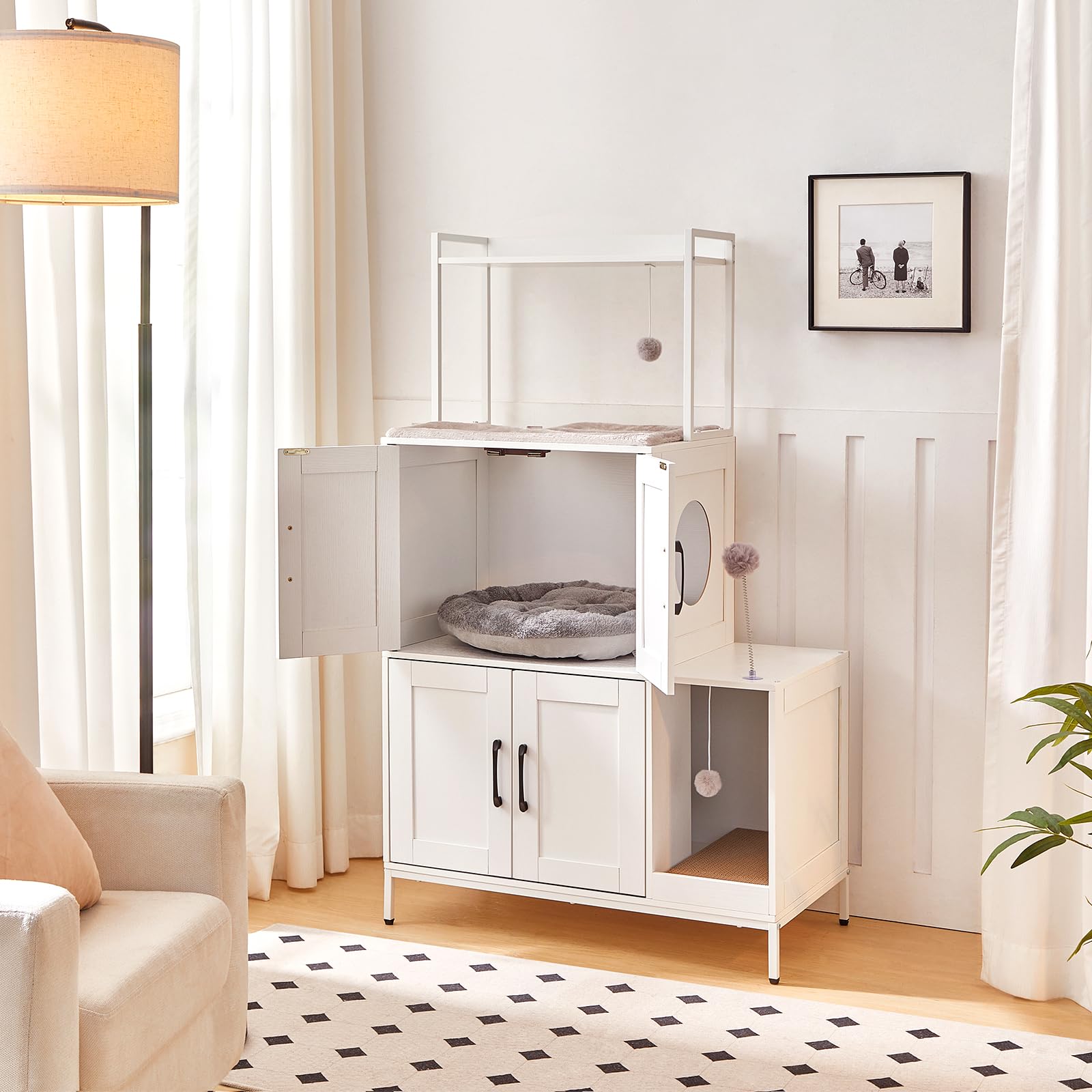 HOOBRO Cat Litter Box Enclosure Furniture, 2 in 1 Hidden Litter Box Furniture with Shelf, Double Litter Box Cabinet with 2 Dangling Plush Balls and 1 Toy Ball, Greige and Black BG78MW01