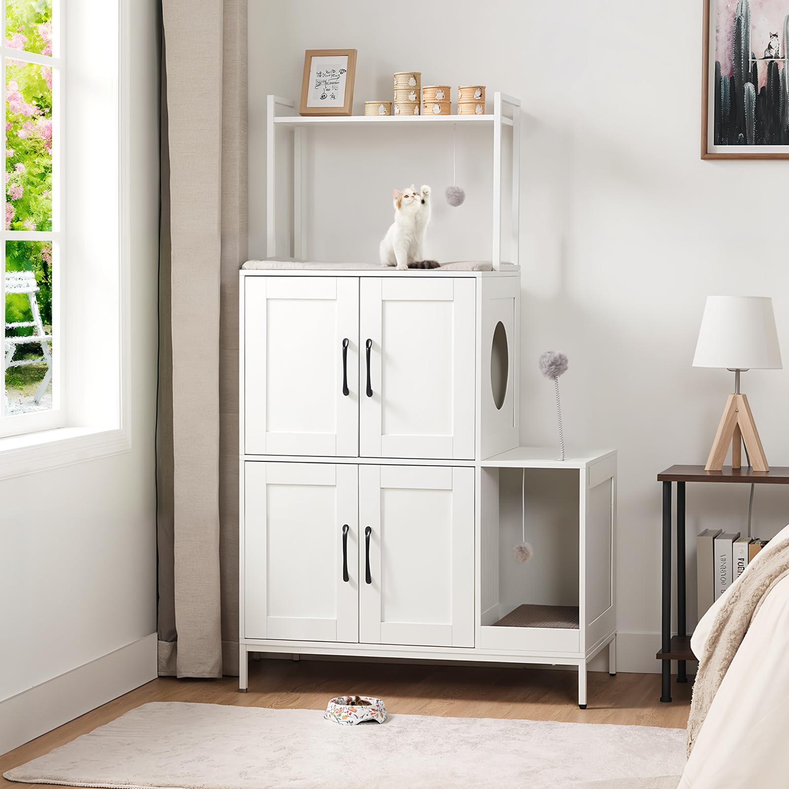 HOOBRO Cat Litter Box Enclosure Furniture, 2 in 1 Hidden Litter Box Furniture with Shelf, Double Litter Box Cabinet with 2 Dangling Plush Balls and 1 Toy Ball, Greige and Black BG78MW01