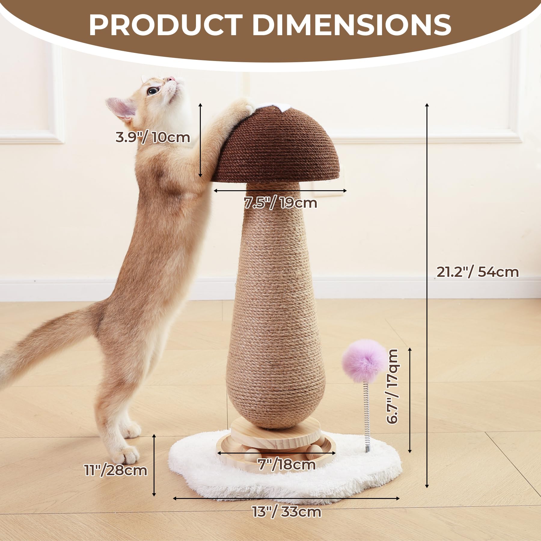 Mushroom Cat Scratching Post with Interactive Ball Track Spring Ball Cat Toys, 21.2" Cat Sisal Scratcher Tree for Indoor Cats, Red
