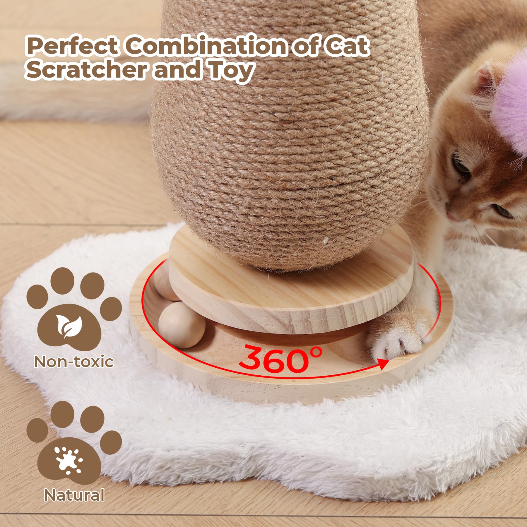 Mushroom Cat Scratching Post with Interactive Ball Track Spring Ball Cat Toys, 21.2" Cat Sisal Scratcher Tree for Indoor Cats, Red
