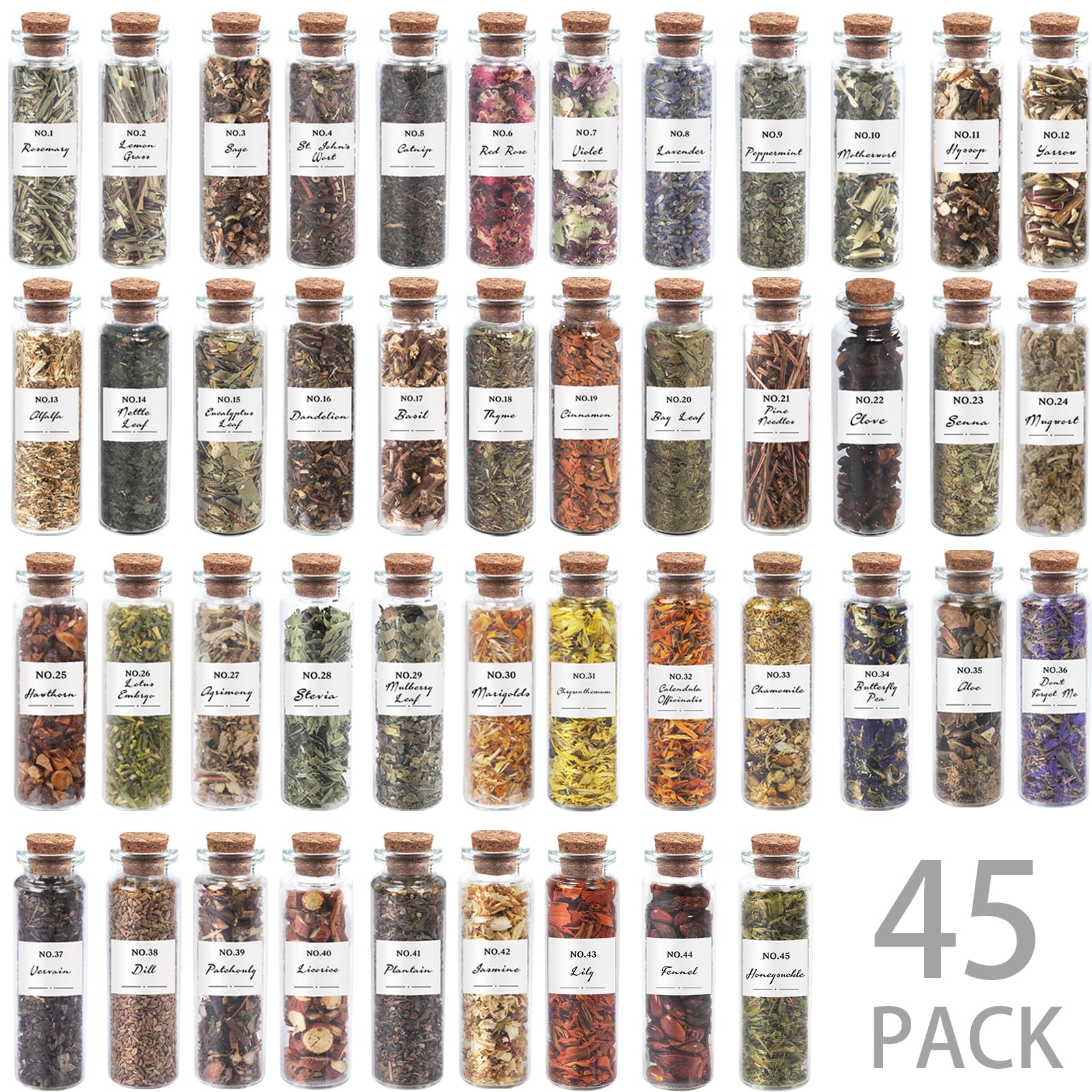 Witchcraft Supplies Herbs - 45 Bottles Dried Herbs Kit for Beginners - Altar Supplies Healing Herbal Natural Herbs Crystal Spoon for Wicca, Pagan Magic Spells and Bath