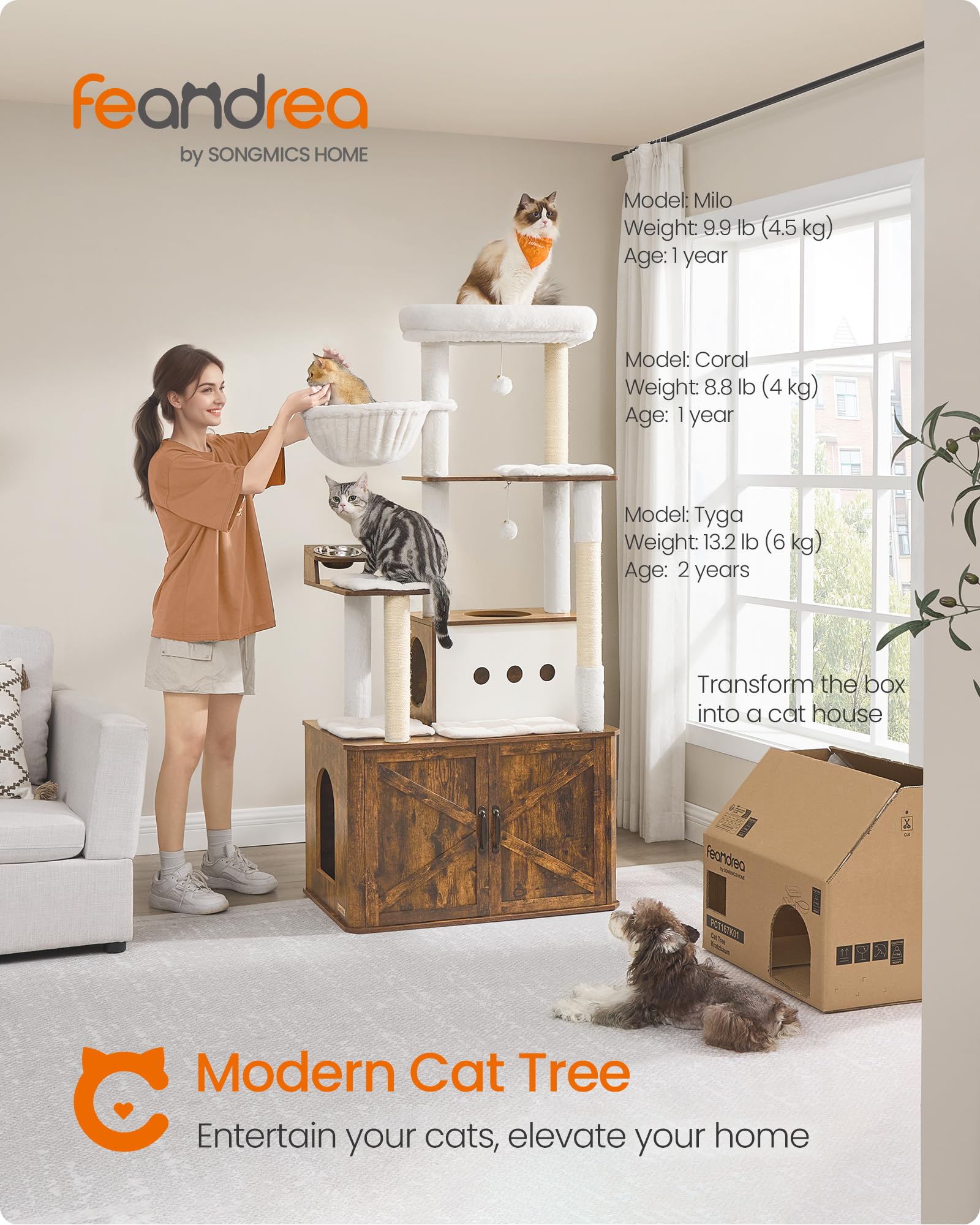 Feandrea Cat Tree, 66.9-Inch Cat Tower with Litter Box Enclosure, Large Condo with Food Station, Storage, Scratching Posts, Cave, Hammock, Washable Cushions, Heather Greige UPCT169K02