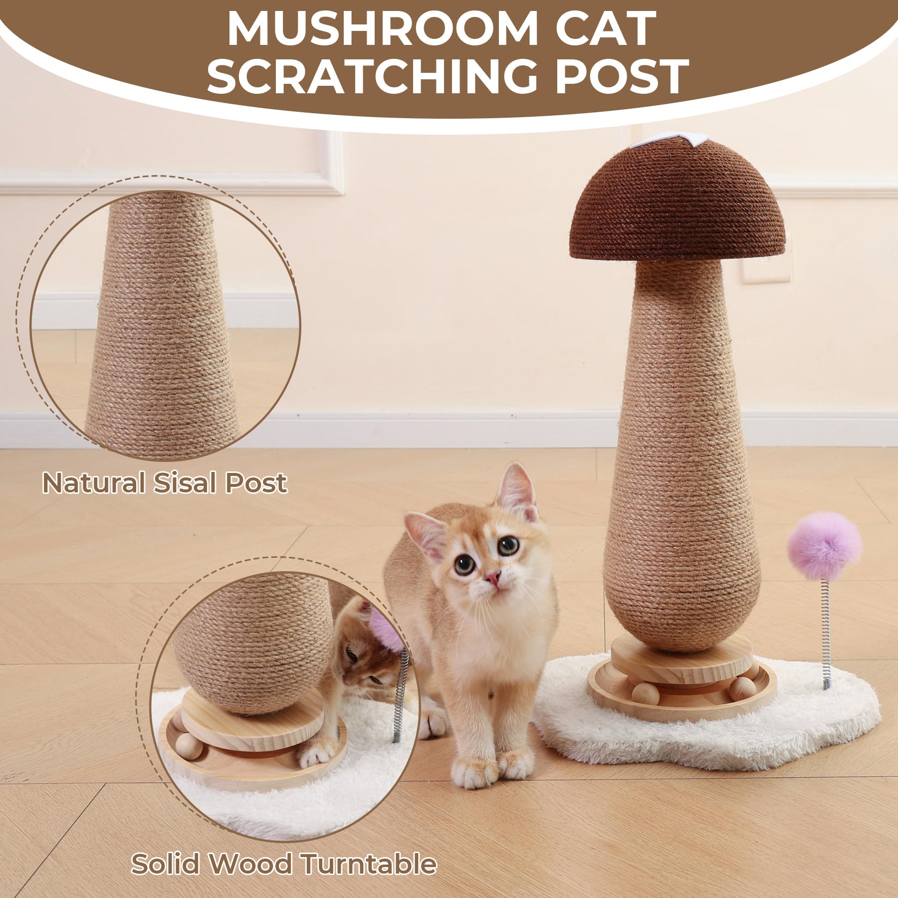 Mushroom Cat Scratching Post with Interactive Ball Track Spring Ball Cat Toys, 21.2" Cat Sisal Scratcher Tree for Indoor Cats, Red