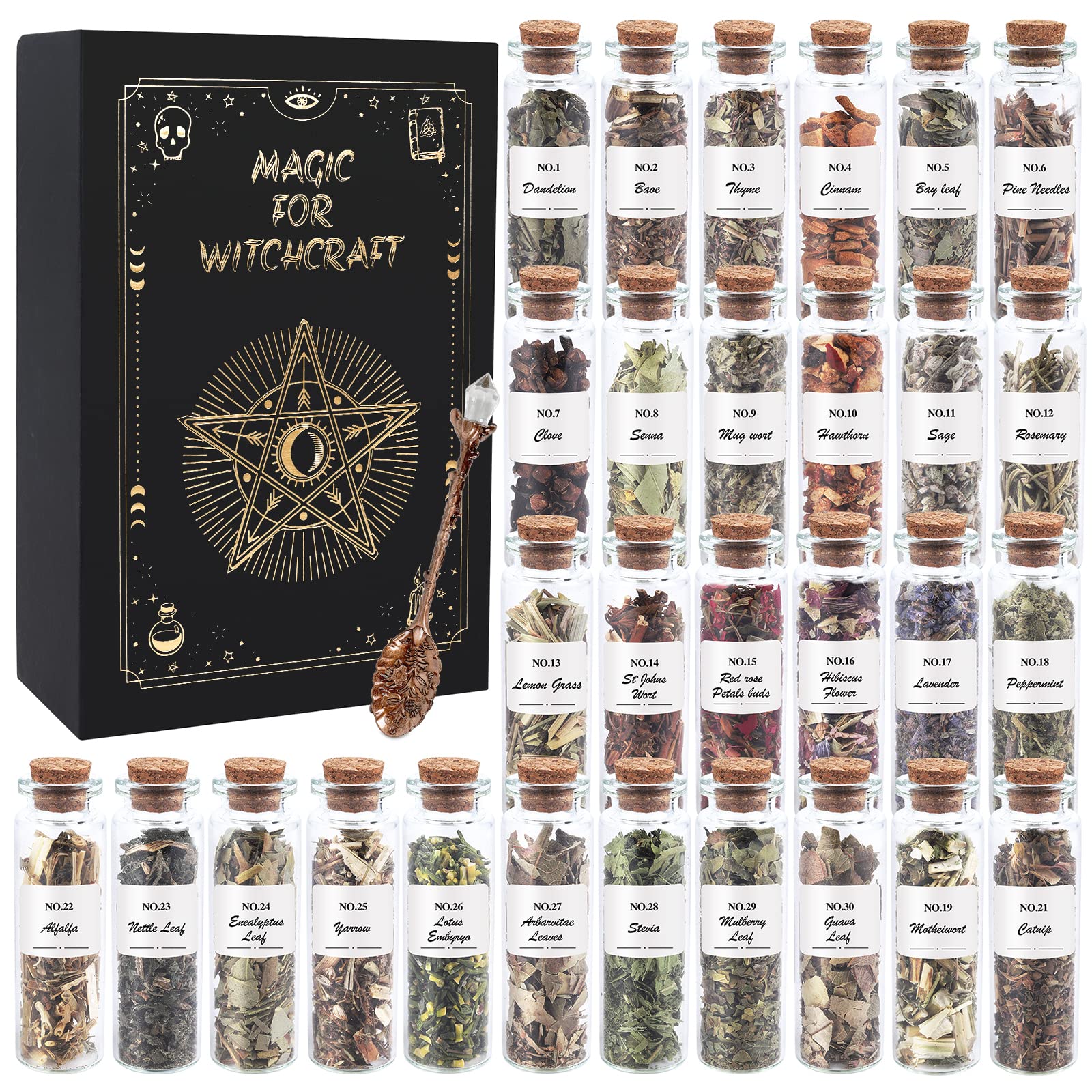 Witchcraft Supplies Herbs - 45 Bottles Dried Herbs Kit for Beginners - Altar Supplies Healing Herbal Natural Herbs Crystal Spoon for Wicca, Pagan Magic Spells and Bath