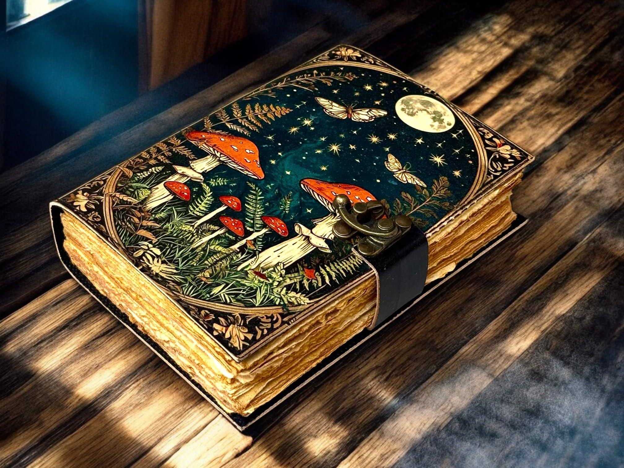 Grimoire Vintage Mushroom leather journal, Handmade Antique Deckle Edge Paper Spell Book of Shadows Celestial Witchcraft Supplies Diary, Wiccan Notebook, Mystical Gifts for Him & Her 7x5 Inch 200 Pages