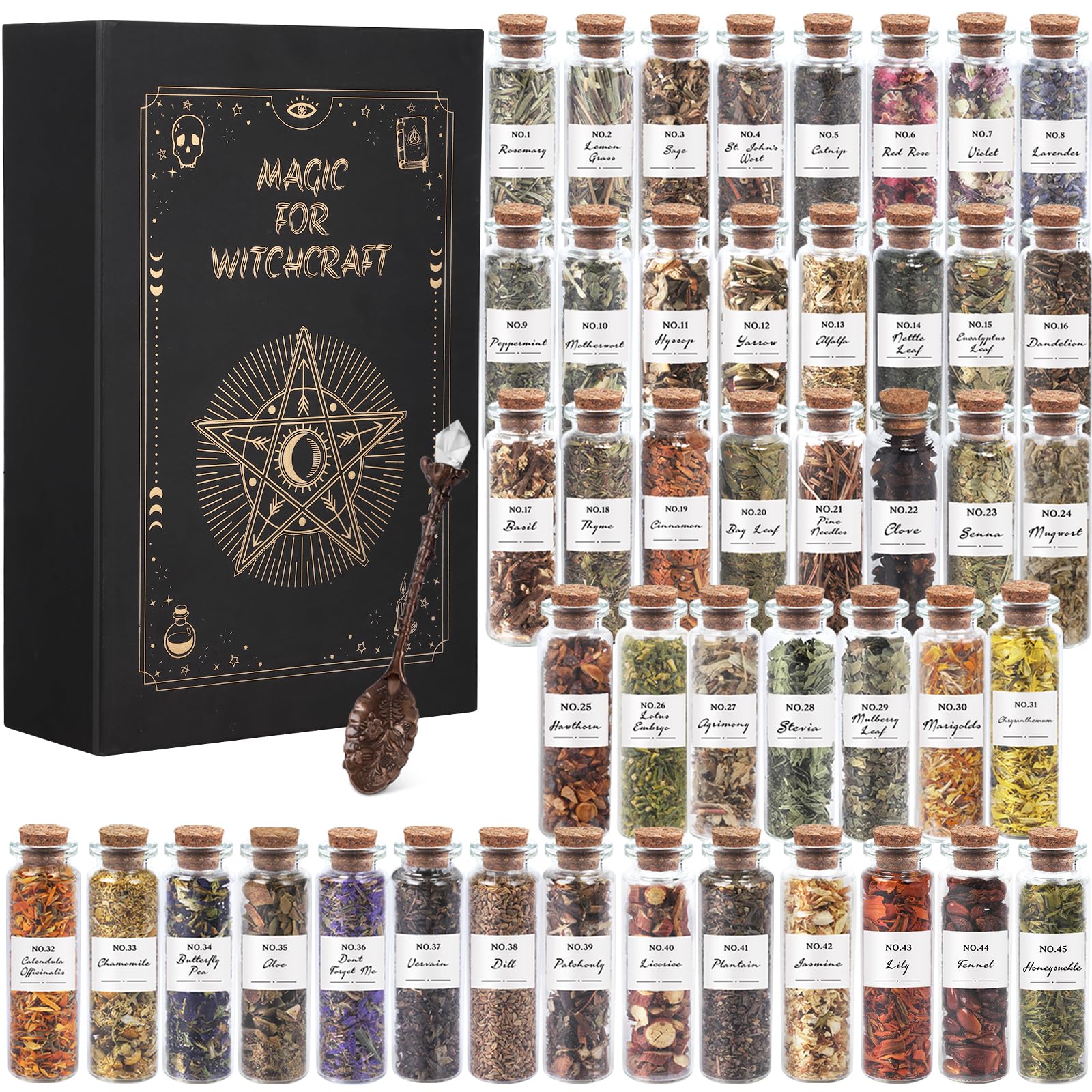 Witchcraft Supplies Herbs - 45 Bottles Dried Herbs Kit for Beginners - Altar Supplies Healing Herbal Natural Herbs Crystal Spoon for Wicca, Pagan Magic Spells and Bath
