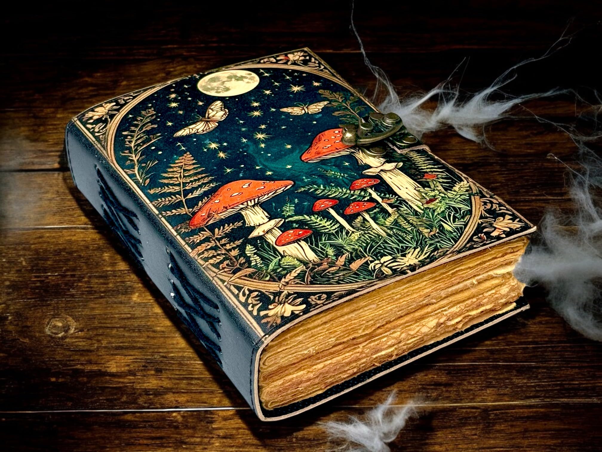 Grimoire Vintage Mushroom leather journal, Handmade Antique Deckle Edge Paper Spell Book of Shadows Celestial Witchcraft Supplies Diary, Wiccan Notebook, Mystical Gifts for Him & Her 7x5 Inch 200 Pages