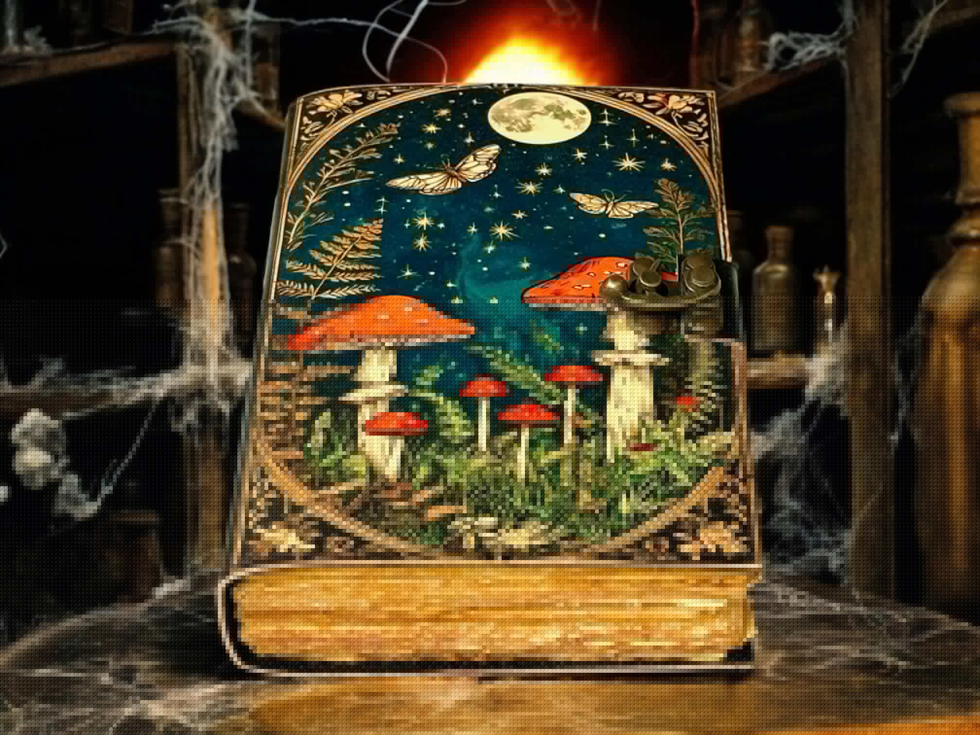 Grimoire Vintage Mushroom leather journal, Handmade Antique Deckle Edge Paper Spell Book of Shadows Celestial Witchcraft Supplies Diary, Wiccan Notebook, Mystical Gifts for Him & Her 7x5 Inch 200 Pages