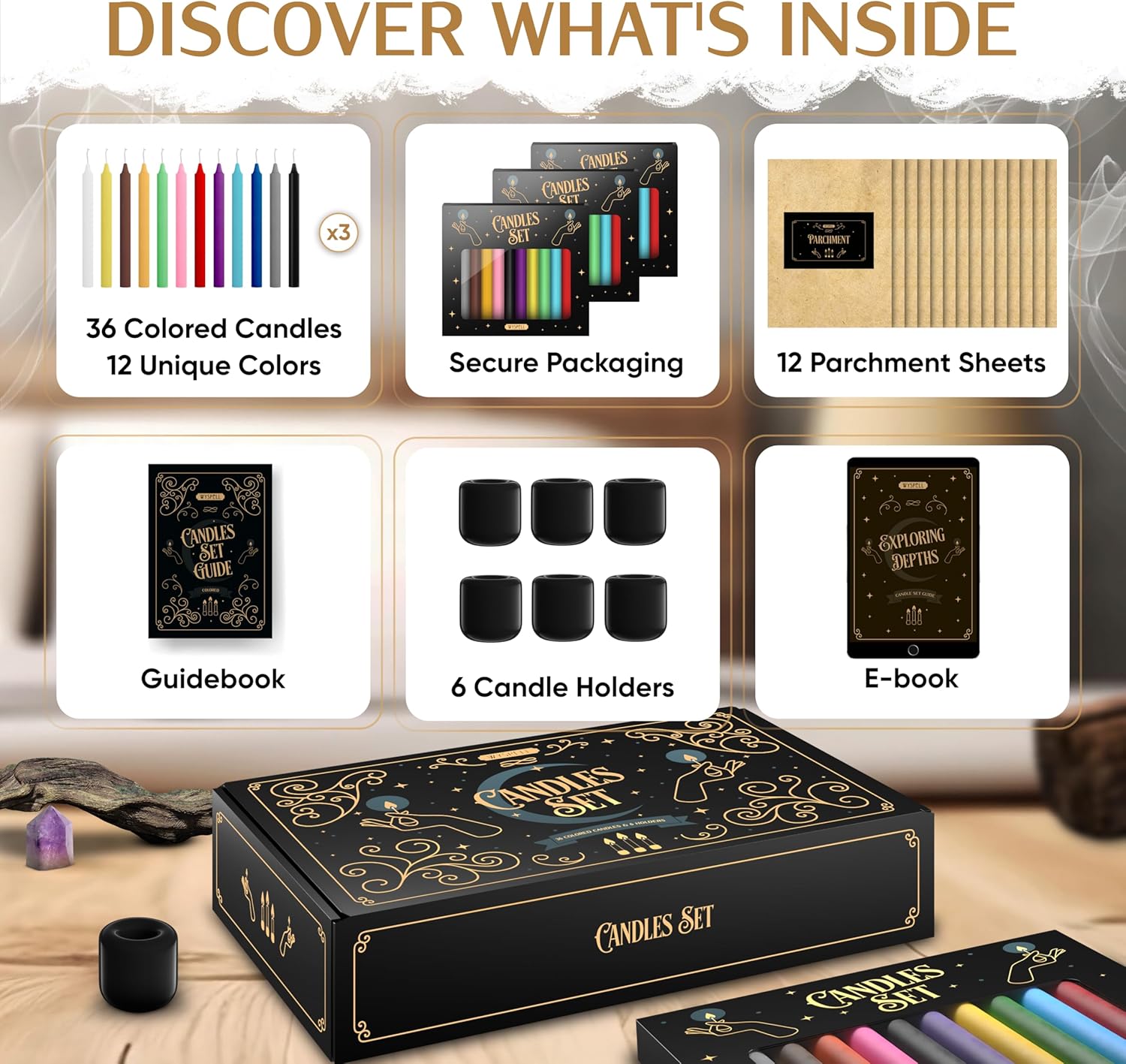 WYSPELL 36 Colored Spell Candles | 5" x 1/2" | Taper Candles Kit for Witchcraft & Decor | 6 Chime Candle Holders | Wiccan Supplies & Candlesticks Set - 20-60 Minutes