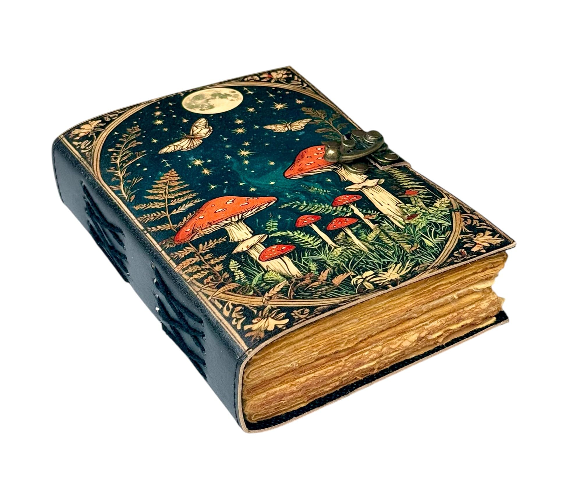 Grimoire Vintage Mushroom leather journal, Handmade Antique Deckle Edge Paper Spell Book of Shadows Celestial Witchcraft Supplies Diary, Wiccan Notebook, Mystical Gifts for Him & Her 7x5 Inch 200 Pages