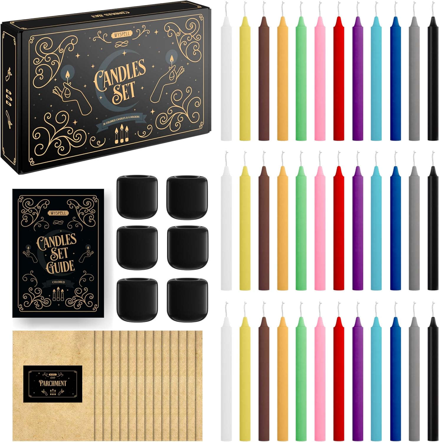 WYSPELL 36 Colored Spell Candles | 5" x 1/2" | Taper Candles Kit for Witchcraft & Decor | 6 Chime Candle Holders | Wiccan Supplies & Candlesticks Set - 20-60 Minutes