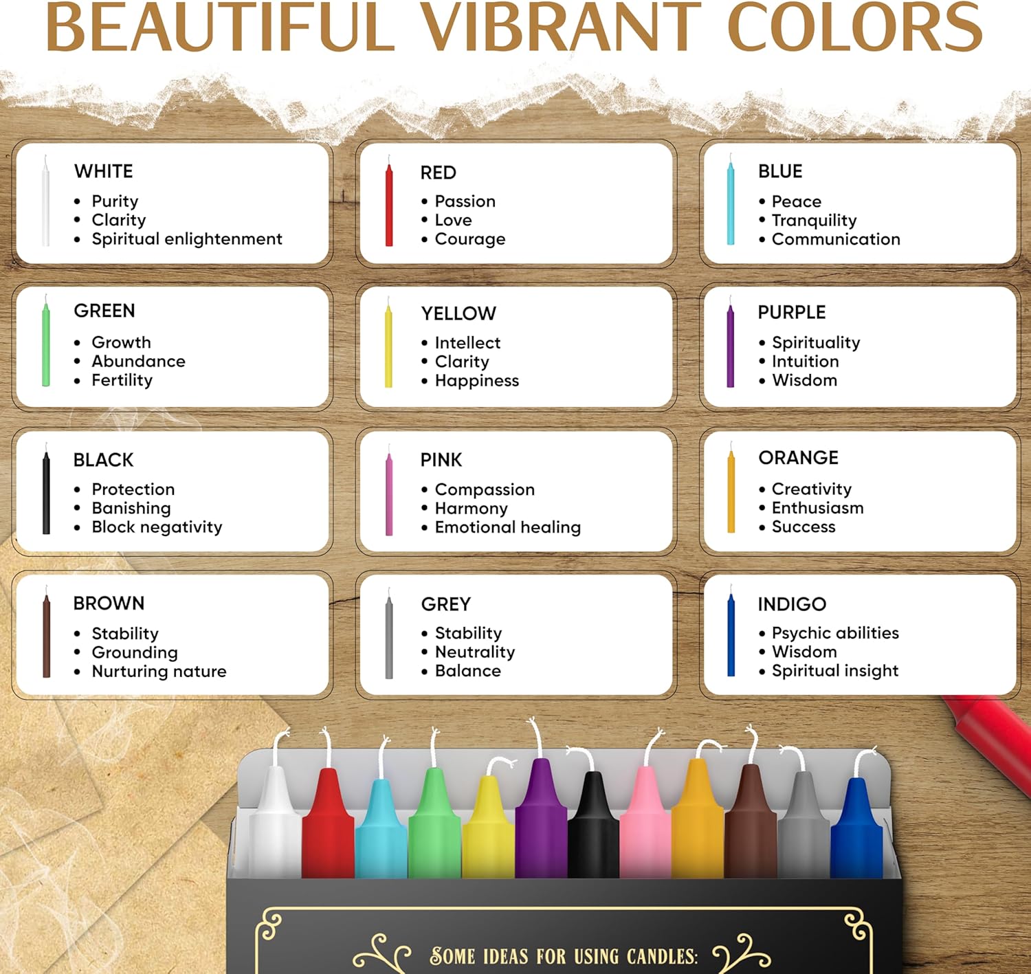 WYSPELL 36 Colored Spell Candles | 5" x 1/2" | Taper Candles Kit for Witchcraft & Decor | 6 Chime Candle Holders | Wiccan Supplies & Candlesticks Set - 20-60 Minutes