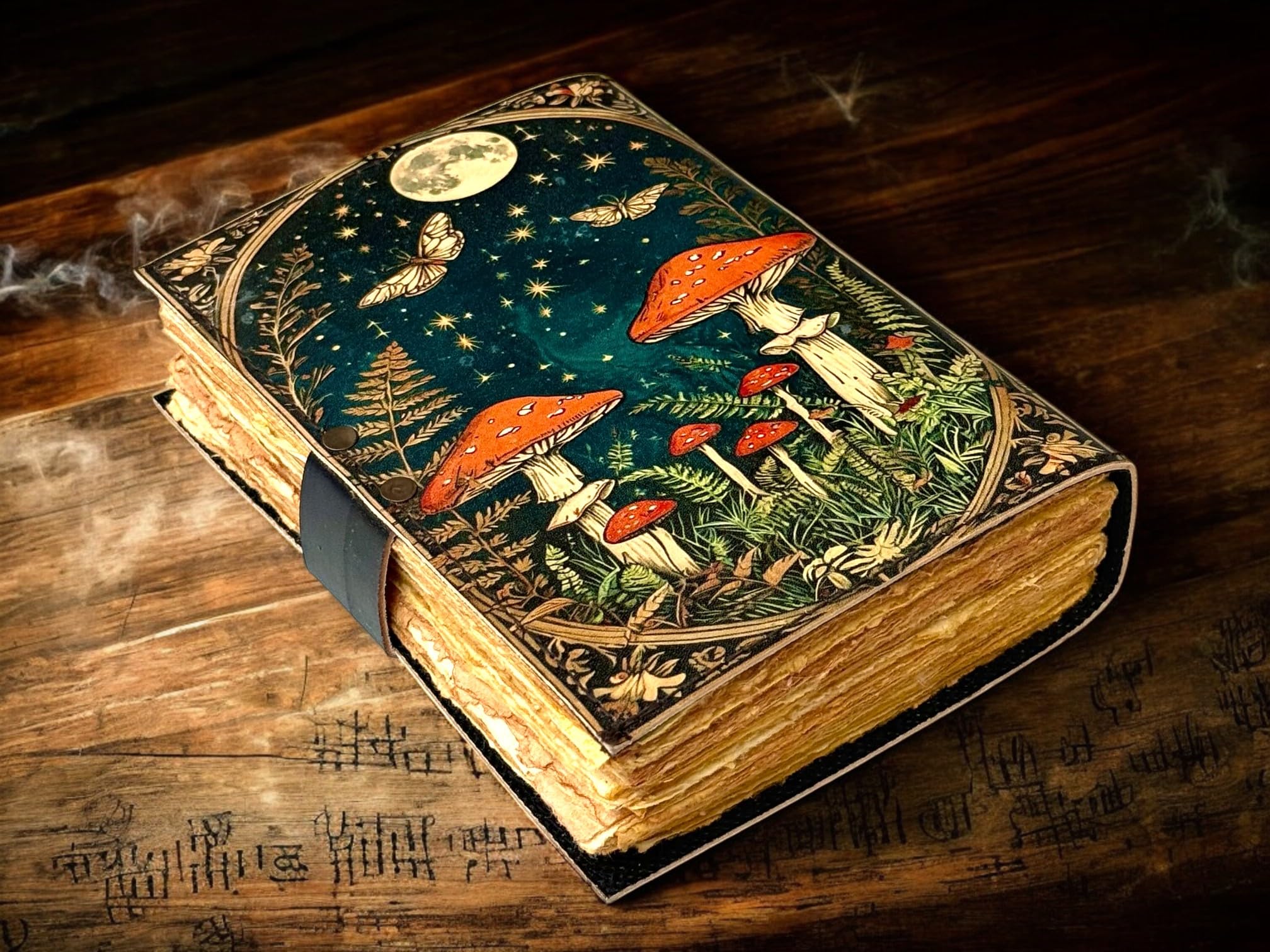 Grimoire Vintage Mushroom leather journal, Handmade Antique Deckle Edge Paper Spell Book of Shadows Celestial Witchcraft Supplies Diary, Wiccan Notebook, Mystical Gifts for Him & Her 7x5 Inch 200 Pages