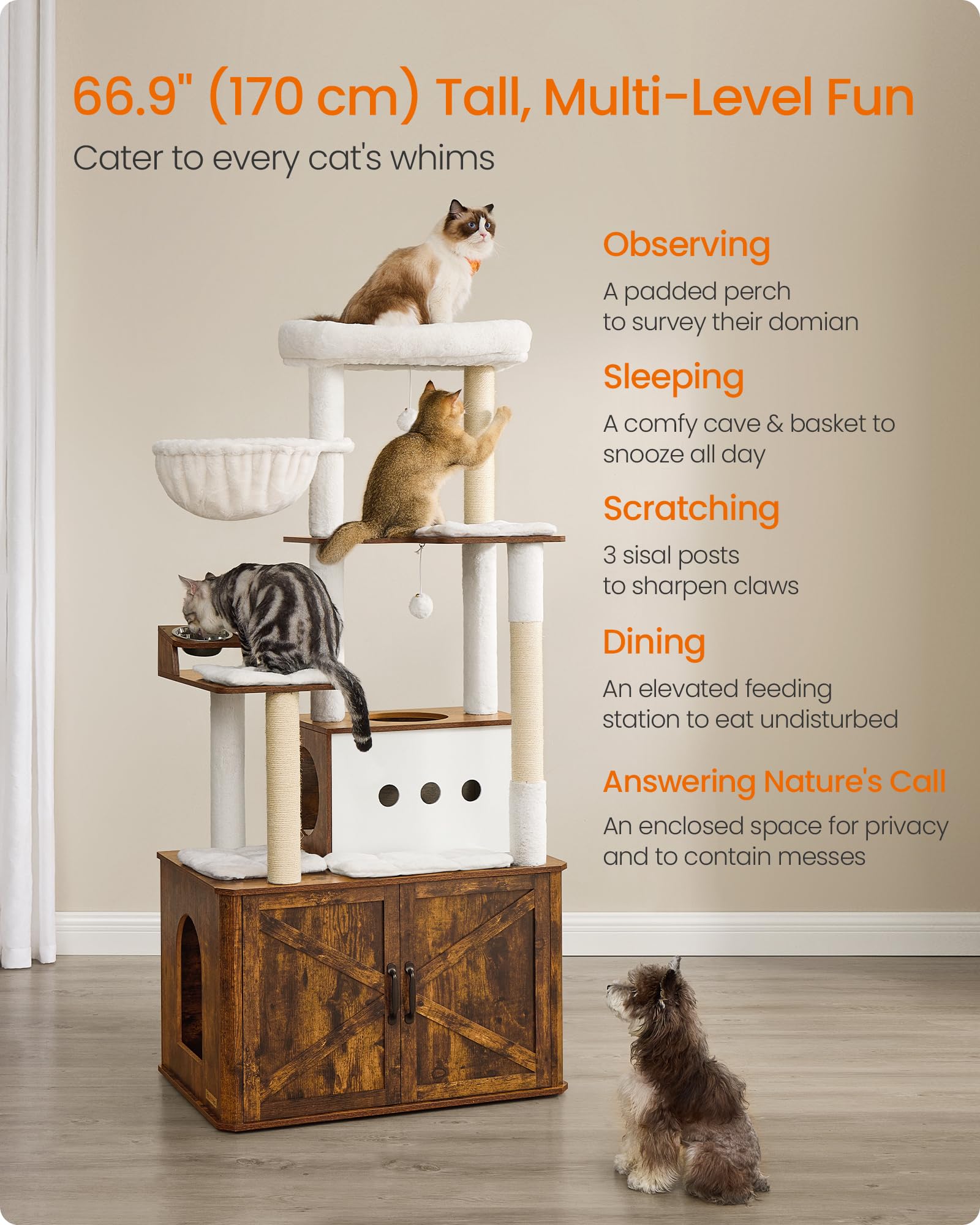 Feandrea Cat Tree, 66.9-Inch Cat Tower with Litter Box Enclosure, Large Condo with Food Station, Storage, Scratching Posts, Cave, Hammock, Washable Cushions, Heather Greige UPCT169K02