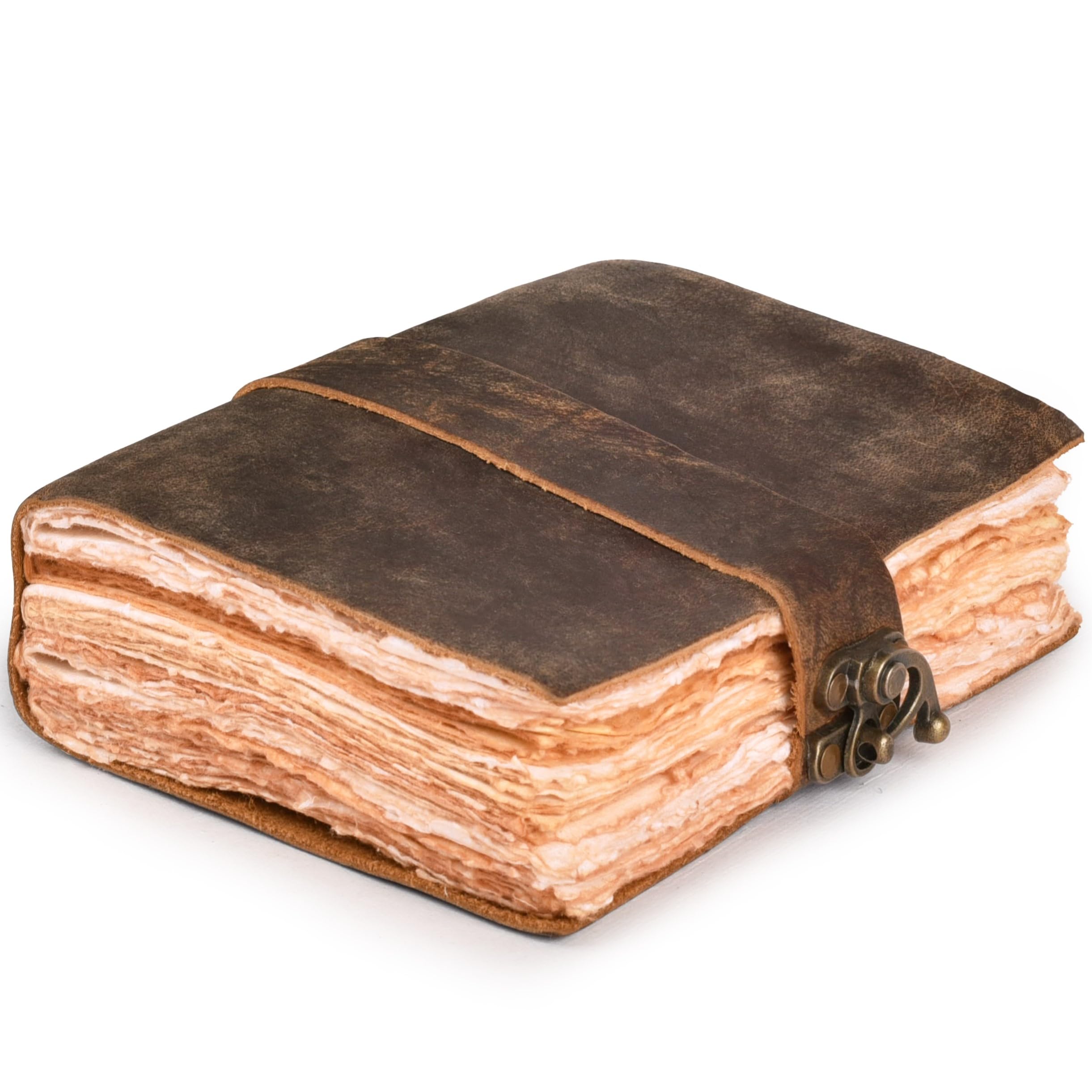 LEATHER VILLAGE Leather Bound Vintage Journal for Women & Men - Book of Shadows - Lock Closure - 200 Pages of Antique Deckle Edges Handmade Watercolor Paper - Rustic Brown - 13X8 inches