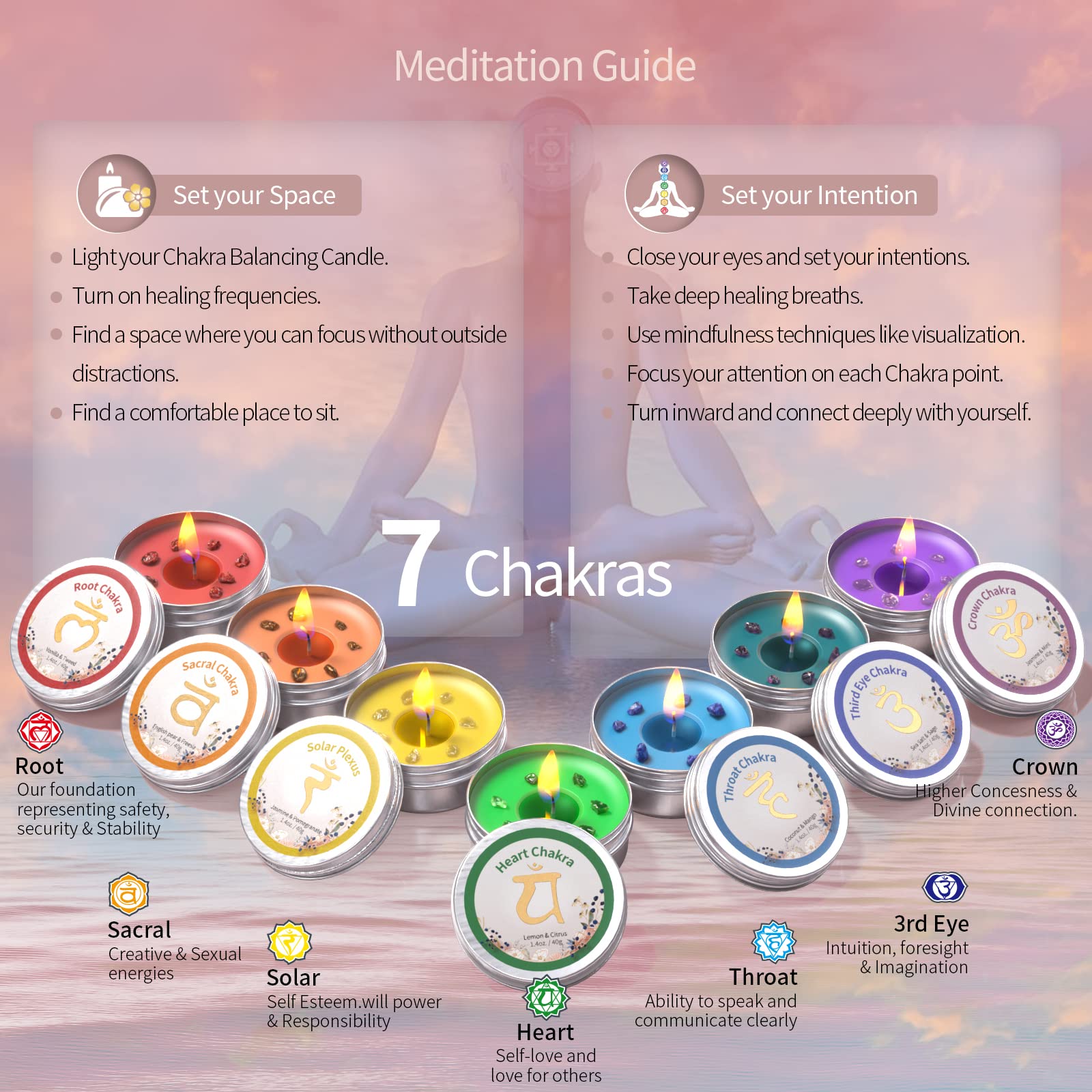 Chakra Candles with Premium Crystal and Healing Stones Luxury Meditation Scented Candles Gift Set for Women Stress Relief Spiritual Decor Healing Candles for Yoga, Aromatherapy