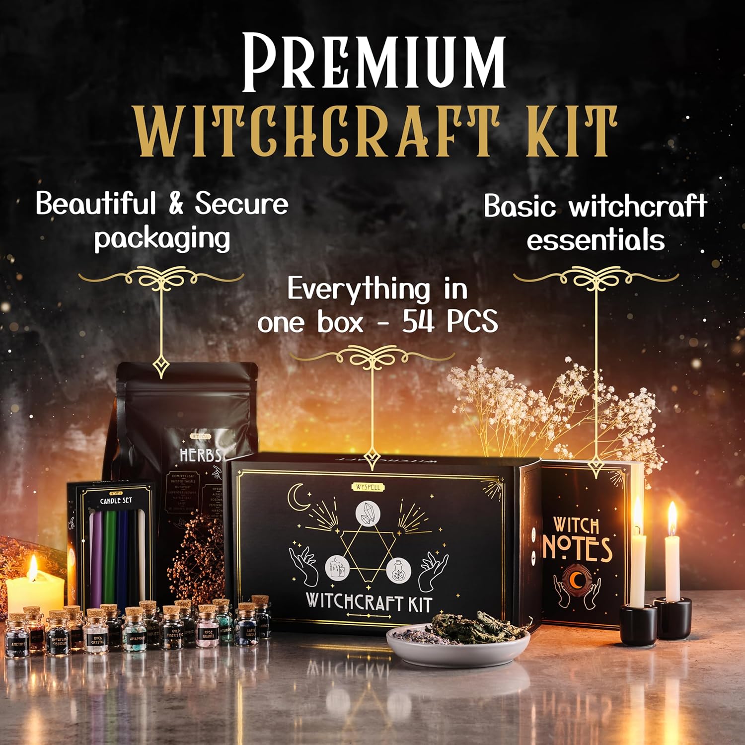 Wyspell Witchcraft Supplies Kit for Witch Altar 54PCS - Spell Candles for Witches - Crystals Spell Jars for Witches - Herbs for Spells - Beginner Witch Starter Box - Witchcraft Kit