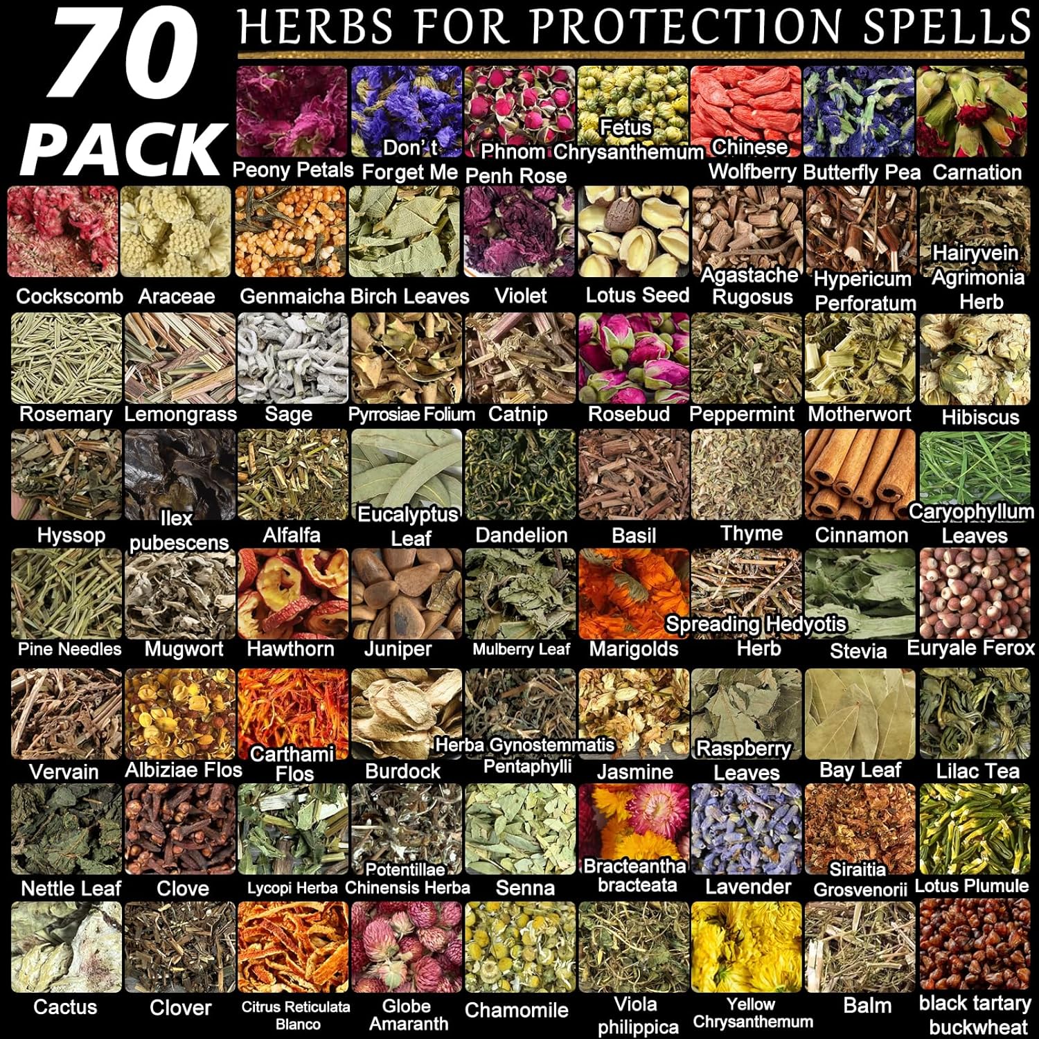 70pack Witchcraft Supplies Herbs Kit, Dried Flowers for Witch Beginner, Bulk Herb Gift Set for Wicca, Pagan, Wiccan Rituals, Magic Spell, Altar Supplies Healing Natural Herbal for Candle Soap Making