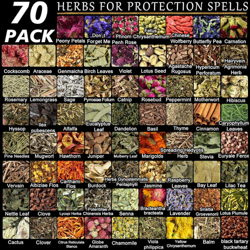 70pack Witchcraft Supplies Herbs Kit, Dried Flowers for Witch Beginner, Bulk Herb Gift Set for Wicca, Pagan, Wiccan Rituals, Magic Spell, Altar Supplies Healing Natural Herbal for Candle Soap Making