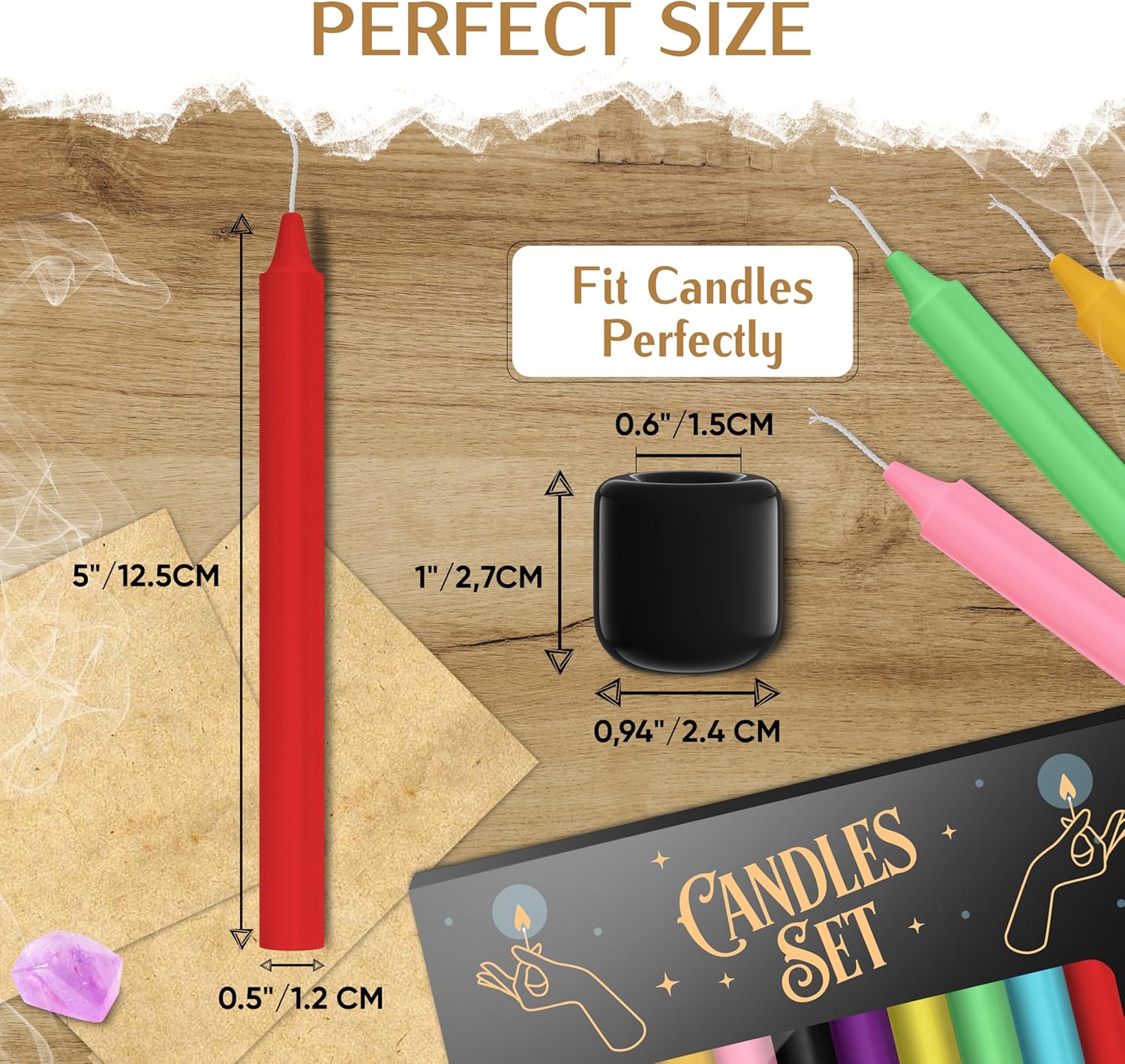WYSPELL 36 Colored Spell Candles | 5" x 1/2" | Taper Candles Kit for Witchcraft & Decor | 6 Chime Candle Holders | Wiccan Supplies & Candlesticks Set - 20-60 Minutes