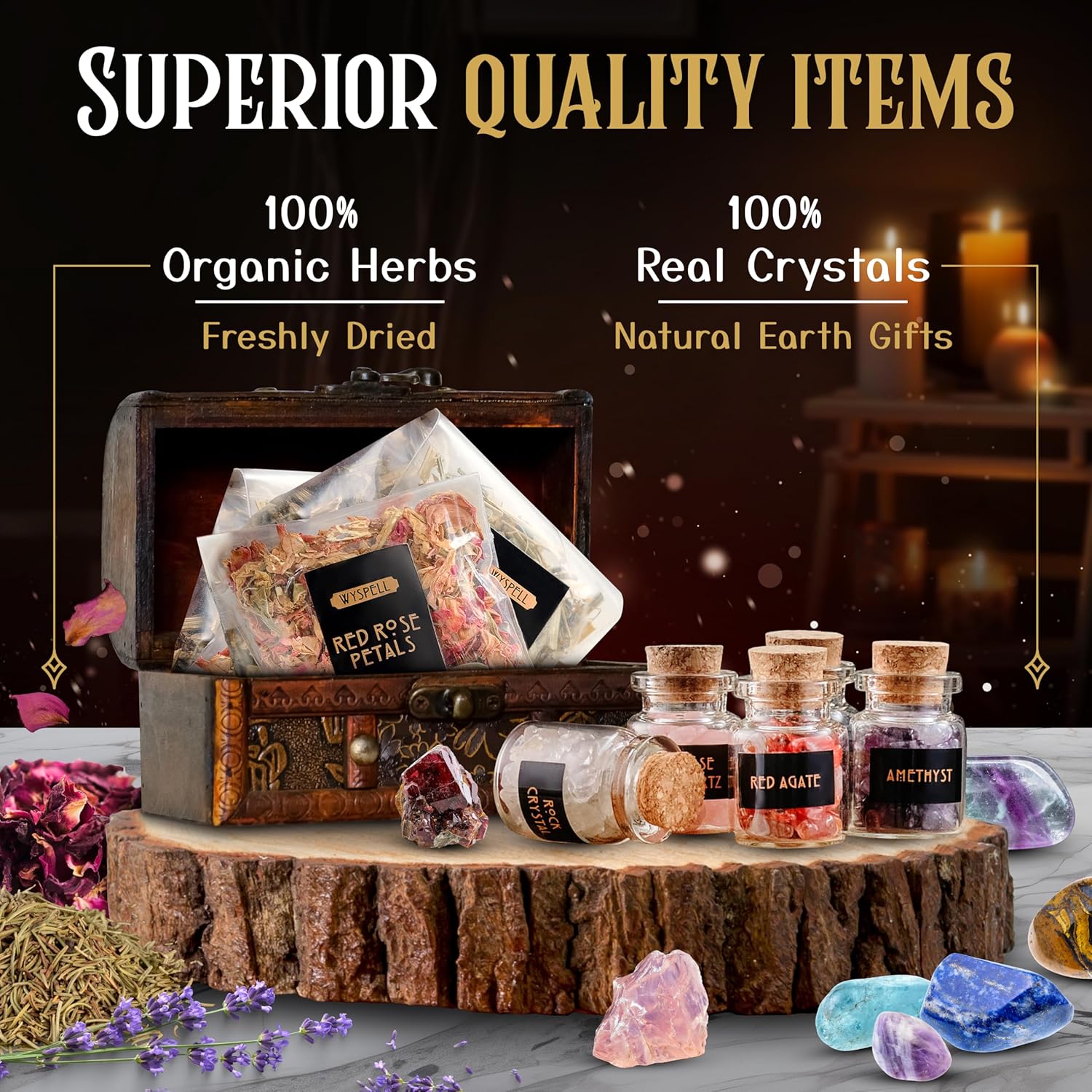 Wyspell Witchcraft Supplies Kit for Witch Altar 54PCS - Spell Candles for Witches - Crystals Spell Jars for Witches - Herbs for Spells - Beginner Witch Starter Box - Witchcraft Kit