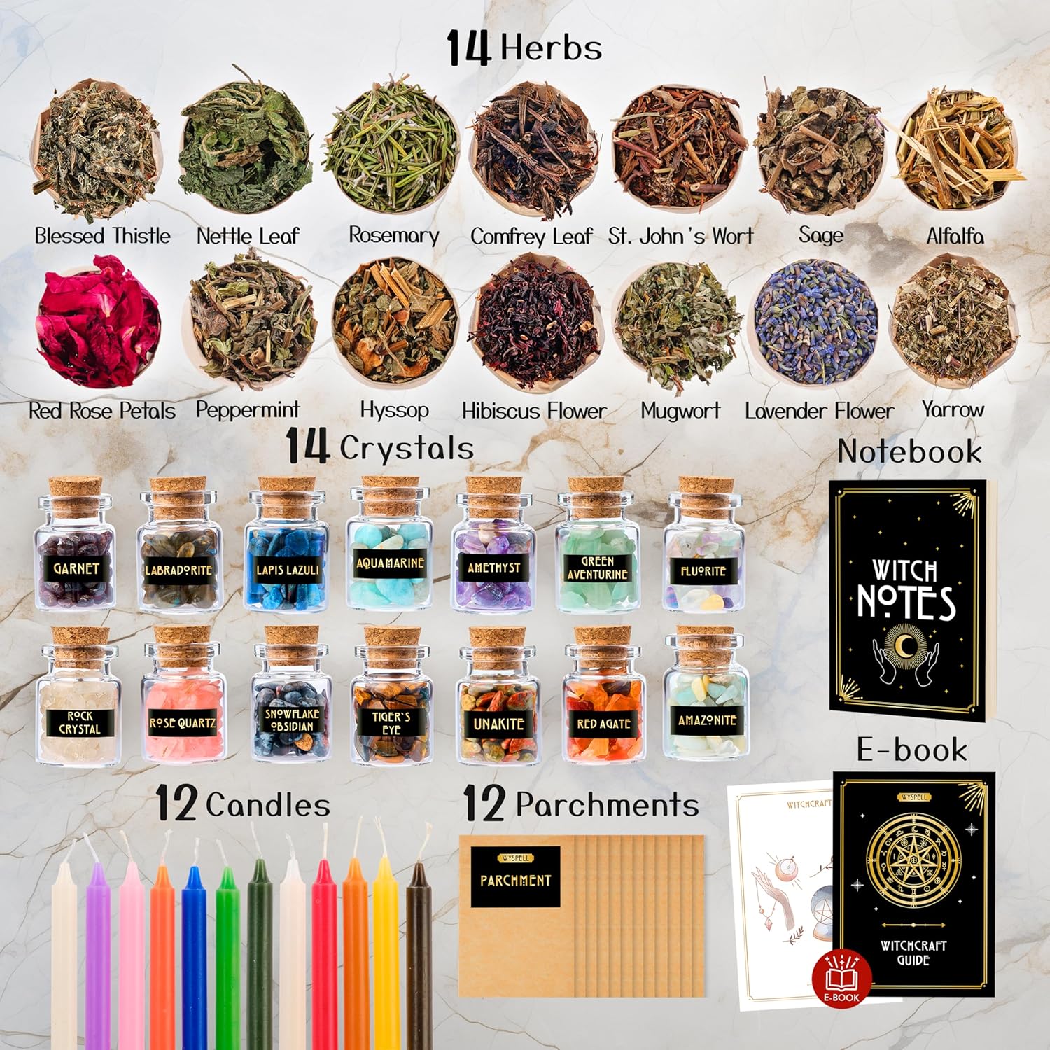Wyspell Witchcraft Supplies Kit for Witch Altar 54PCS - Spell Candles for Witches - Crystals Spell Jars for Witches - Herbs for Spells - Beginner Witch Starter Box - Witchcraft Kit