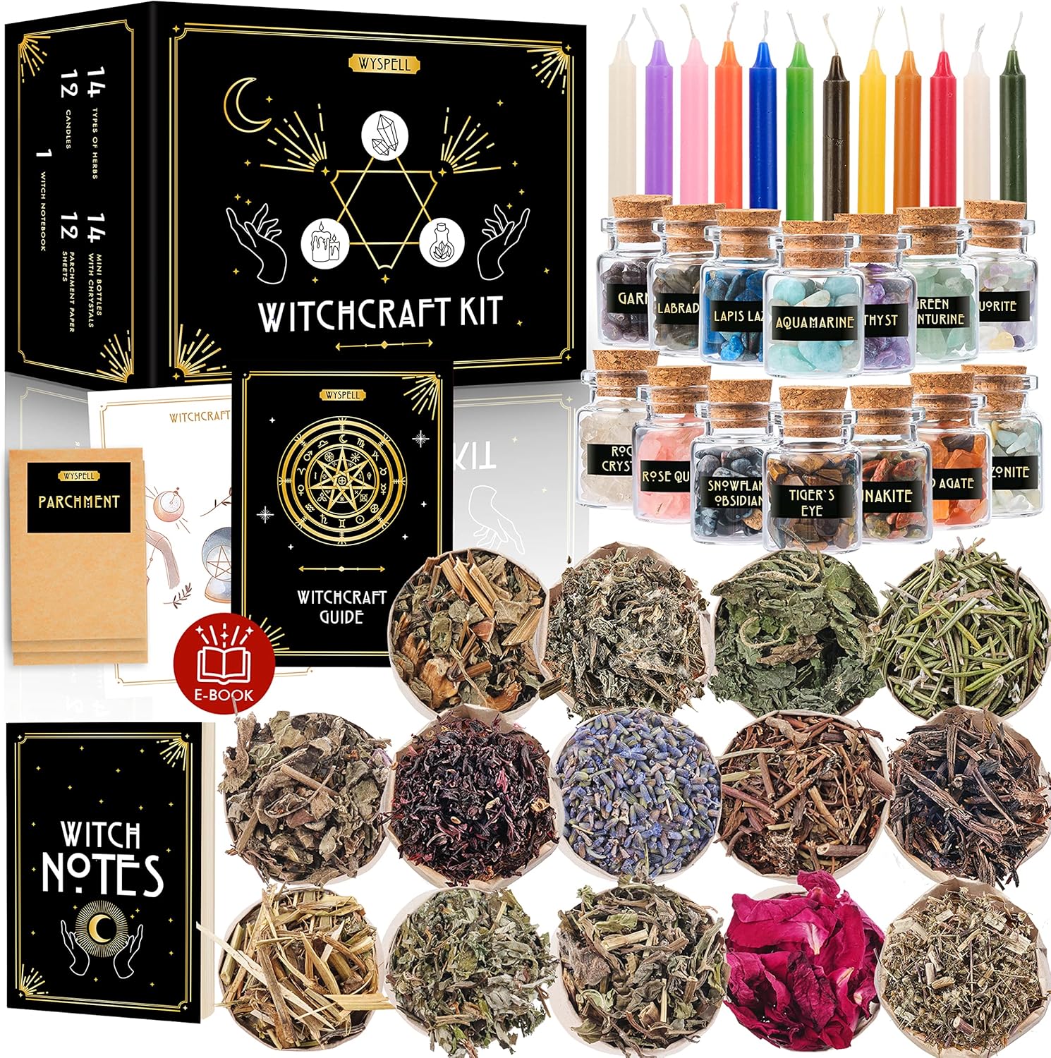 Wyspell Witchcraft Supplies Kit for Witch Altar 54PCS - Spell Candles for Witches - Crystals Spell Jars for Witches - Herbs for Spells - Beginner Witch Starter Box - Witchcraft Kit